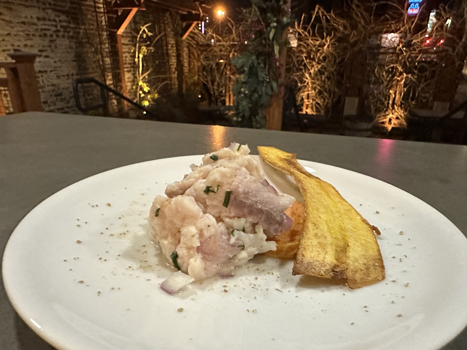 Red Snapper Ceviche with Plantain Chips and Sweet Potato