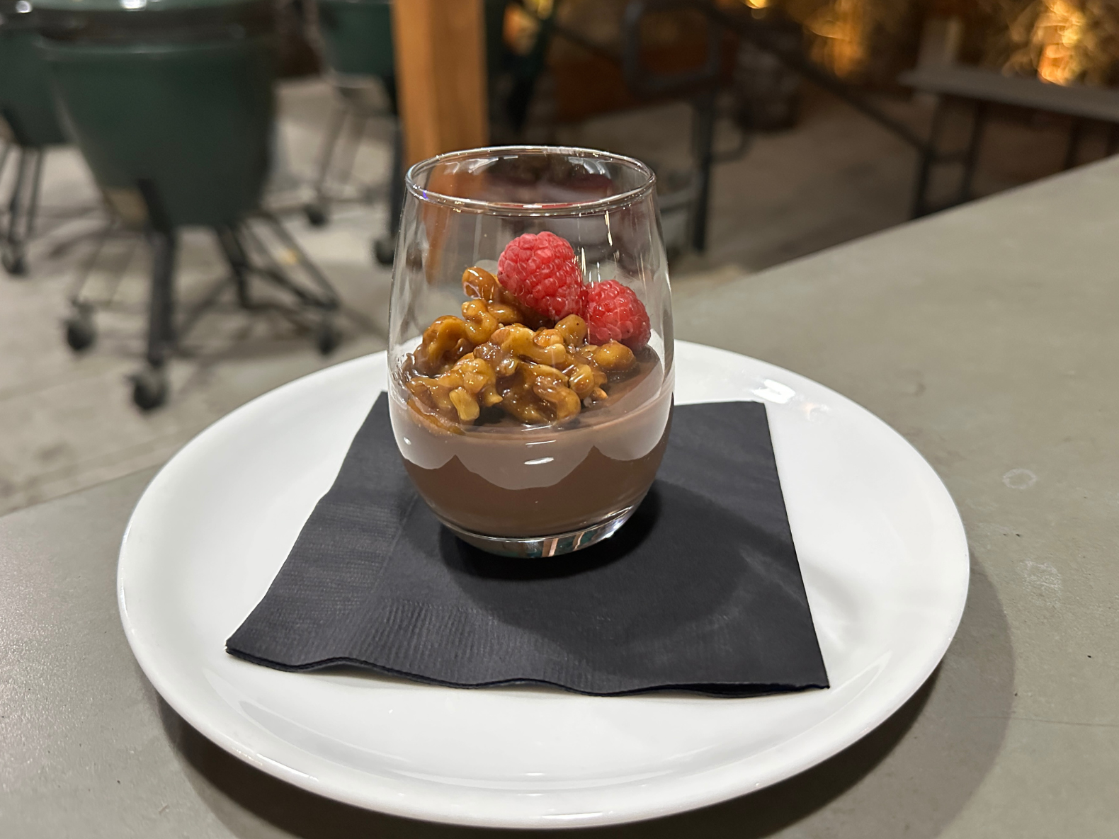 Chocolate Pot de Creme with Smoked Walnuts in Caramel Sauce
